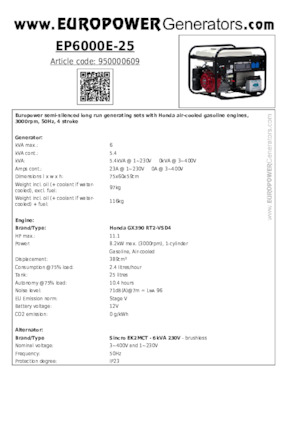 गैसोलीन पावर जनरेटर Europower EP6000E-25 (S)