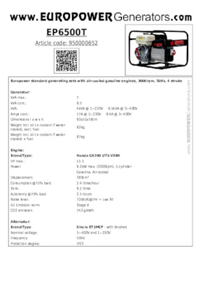 गैसोलीन पावर जनरेटर Europower EP6500T (S)