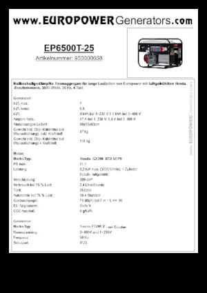 गैसोलीन पावर जनरेटर Europower EP6500T-25 (S)
