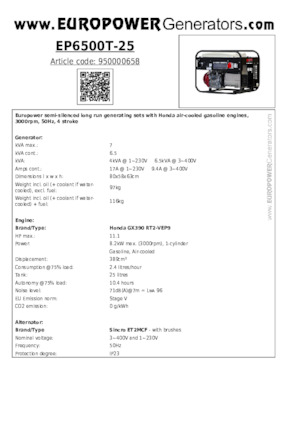 गैसोलीन पावर जनरेटर Europower EP6500T-25 (S)