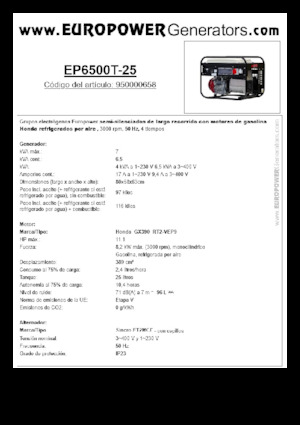 गैसोलीन पावर जनरेटर Europower EP6500T-25 (S)