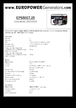 गैसोलीन पावर जनरेटर Europower EP6500T-25 (S)