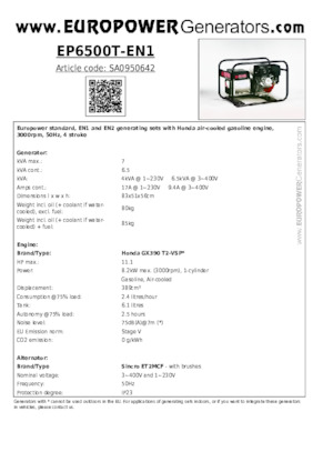 गैसोलीन पावर जनरेटर Europower EP6500T-EN1 (S)