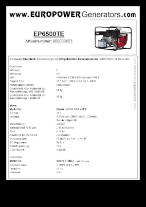 गैसोलीन पावर जनरेटर Europower EP6500TE (S)