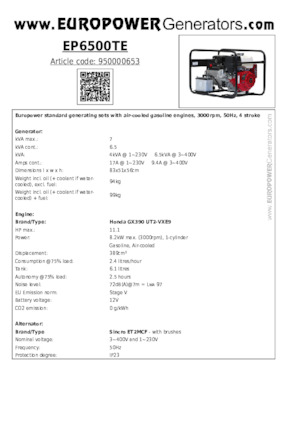 गैसोलीन पावर जनरेटर Europower EP6500TE (S)