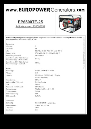 गैसोलीन पावर जनरेटर Europower EP6500TE-25 (S)