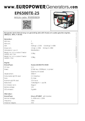 गैसोलीन पावर जनरेटर Europower EP6500TE-25 (S)