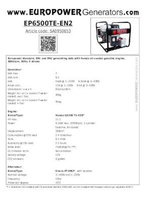 गैसोलीन पावर जनरेटर Europower EP6500TE-EN2 (S)