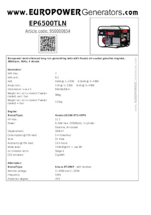 गैसोलीन पावर जनरेटर Europower EP6500TLN (S)