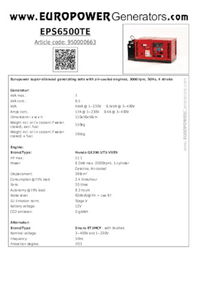 गैसोलीन पावर जनरेटर Europower EPS6500TE (S)