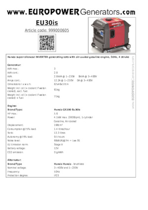 गैसोलीन पावर जनरेटर Europower EU30is