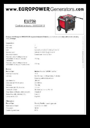 गैसोलीन पावर जनरेटर Europower EU70is