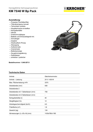 हैंड-कंट्रोल्ड स्वीपर Kärcher KM 75/40 W Bp Pack Professional