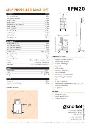 सिंगल वर्टिकल मास्ट बूम लिफ्ट Snorkel SPM20