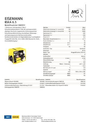 गैसोलीन पावर जनरेटर Eisemann BSKA 6.5