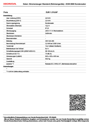 गैसोलीन पावर जनरेटर Honda ECM 2800