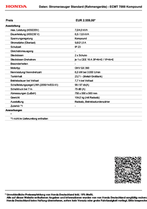गैसोलीन पावर जनरेटर Honda ECMT 7000