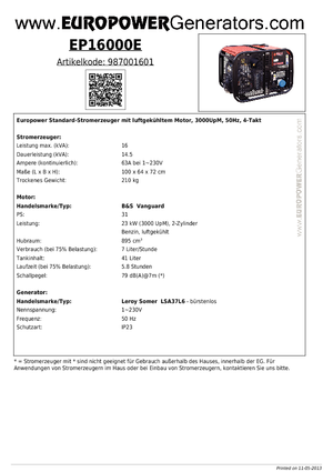 गैसोलीन पावर जनरेटर Europower EP 16000 E (LS)