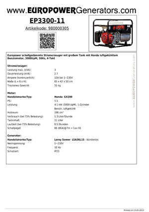 गैसोलीन पावर जनरेटर Europower EP 3300/11 (LS)