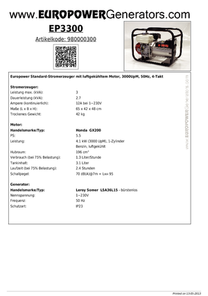 गैसोलीन पावर जनरेटर Europower EP 3300 (LS)