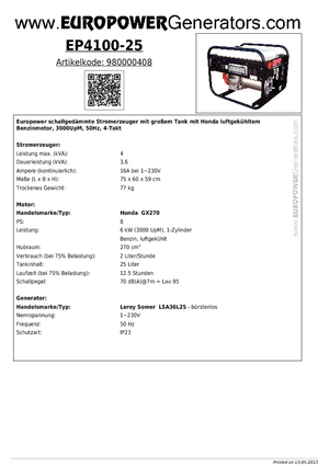 गैसोलीन पावर जनरेटर Europower EP 4100/25 (LS)