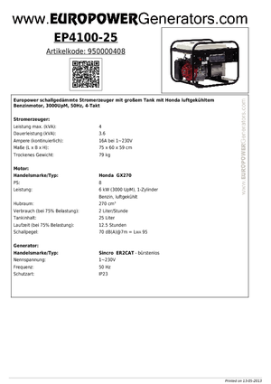 गैसोलीन पावर जनरेटर Europower EP4100-25 (S)