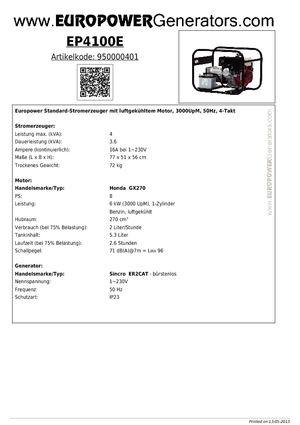 गैसोलीन पावर जनरेटर Europower EP4100E (S)