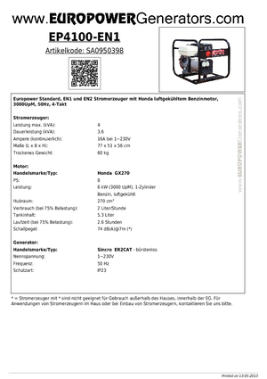 गैसोलीन पावर जनरेटर Europower EP4100-EN1 (S)