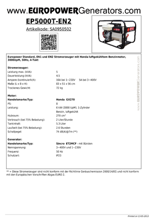 गैसोलीन पावर जनरेटर Europower EP 5000 T-EN2 (S)