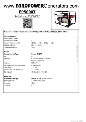 गैसोलीन पावर जनरेटर Europower EP5000T (S)