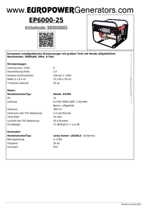 गैसोलीन पावर जनरेटर Europower EP 6000/25 (LS)