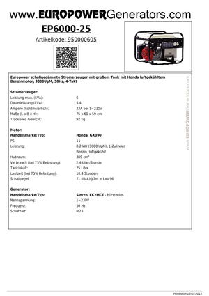 गैसोलीन पावर जनरेटर Europower EP6000-25 (S)