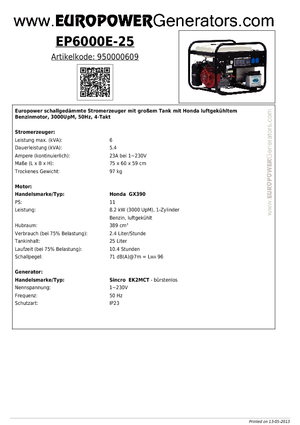 गैसोलीन पावर जनरेटर Europower EP6000E-25 (S)
