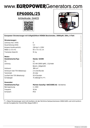 गैसोलीन पावर जनरेटर Europower EP 6000 L / 25