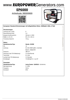 गैसोलीन पावर जनरेटर Europower EP 6000 (LS)