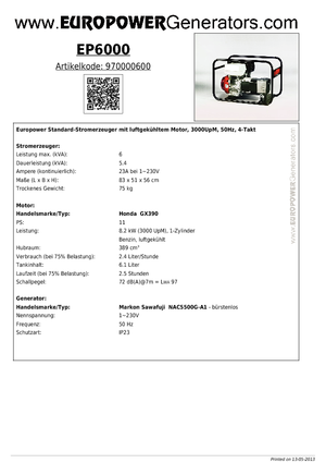 गैसोलीन पावर जनरेटर Europower EP 6000 (MS)