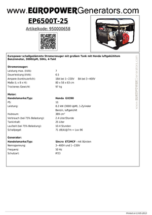गैसोलीन पावर जनरेटर Europower EP6500T-25 (S)