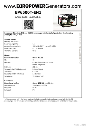 गैसोलीन पावर जनरेटर Europower EP6500T-EN1 (S)