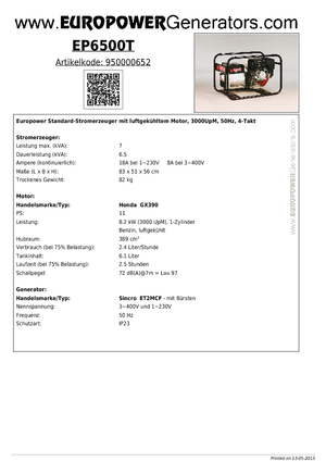 गैसोलीन पावर जनरेटर Europower EP6500T (S)