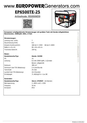 गैसोलीन पावर जनरेटर Europower EP6500TE-25 (S)