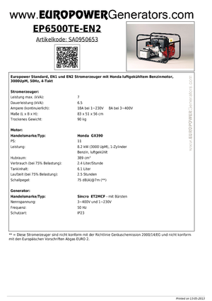 गैसोलीन पावर जनरेटर Europower EP6500TE-EN2 (S)