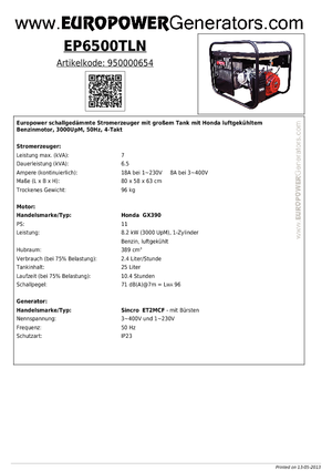 गैसोलीन पावर जनरेटर Europower EP6500TLN (S)