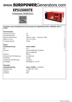 गैसोलीन पावर जनरेटर Europower EPS15000TE (S)