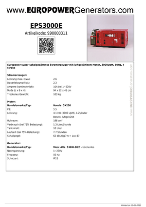 गैसोलीन पावर जनरेटर Europower EPS 3000 E (MA)