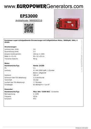 गैसोलीन पावर जनरेटर Europower EPS 3000 (MA)