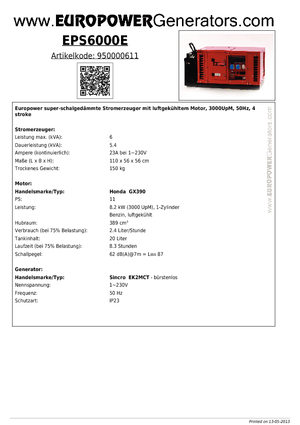 गैसोलीन पावर जनरेटर Europower EPS6000E (S)