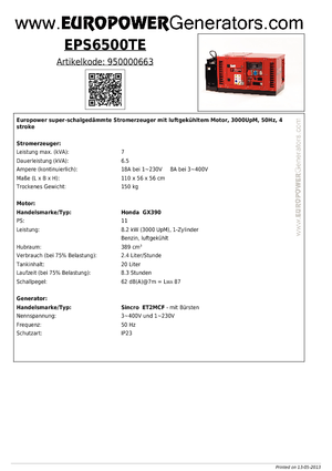 गैसोलीन पावर जनरेटर Europower EPS6500TE (S)