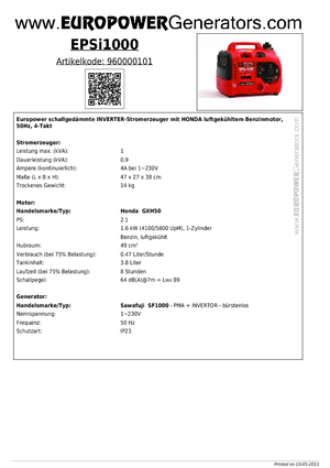 गैसोलीन पावर जनरेटर Europower EPSi1000 (Sa)