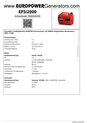 गैसोलीन पावर जनरेटर Europower EPSi2000 (Sa)
