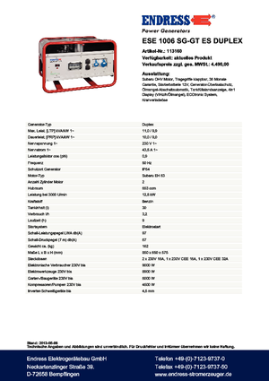 गैसोलीन पावर जनरेटर Endress ESE 1006 SG-GT ES Duplex